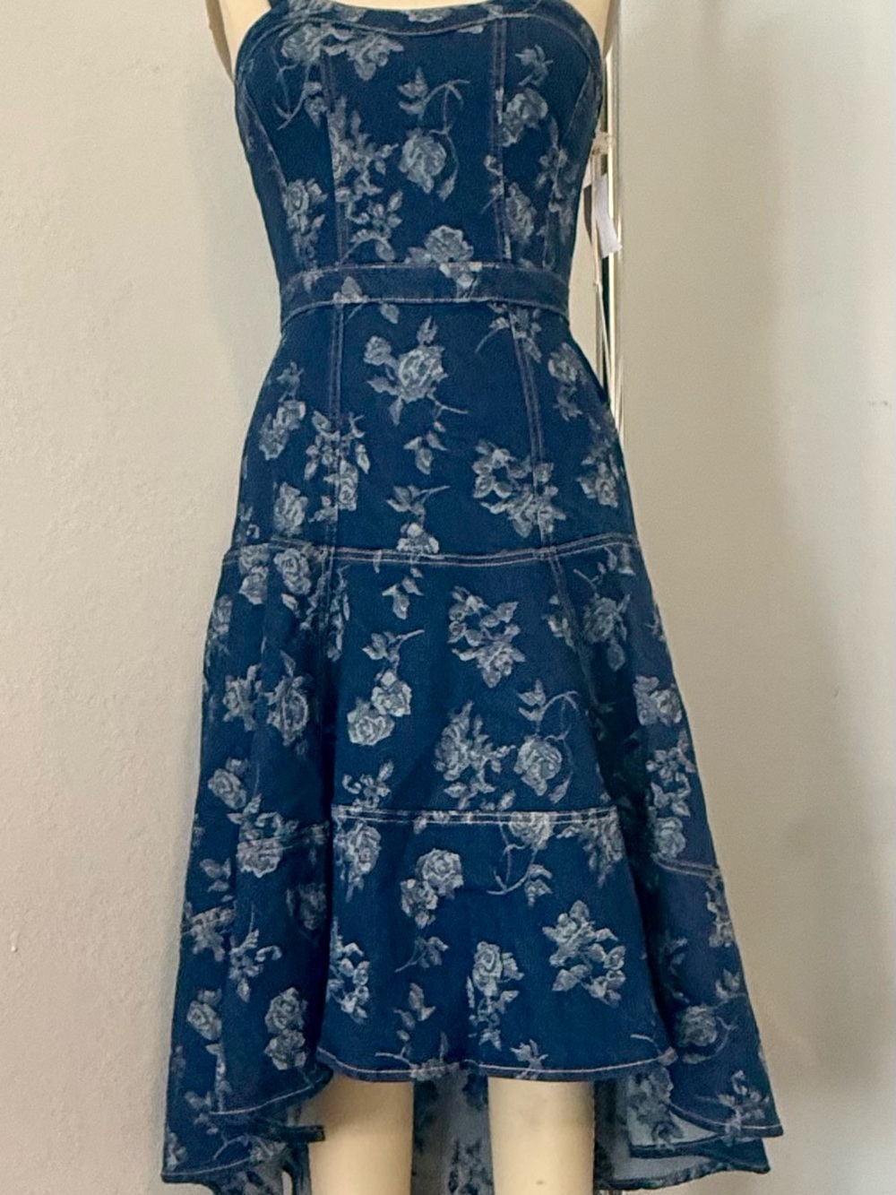 Badgley Mischka Navy Floral High-Low Strapless Dress